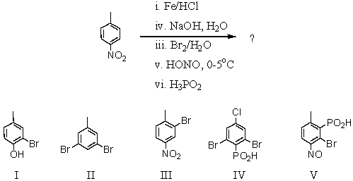 What would be the product of the following reaction sequence?   A)  I B)  II C)  III D)  IV E)  V