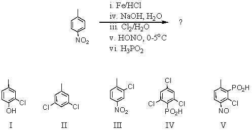 What would be the product of the following reaction sequence?   A)  I B)  II C)  III D)  IV E)  V