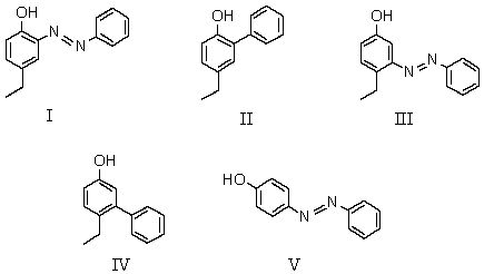  What is the principal product when aniline is treated with sodium nitrite and hydrochloric acid at 0-5 \degree C and this mixture is added to p-ethylphenol?   A)  I B)  II C)  III D)  IV E)  V 