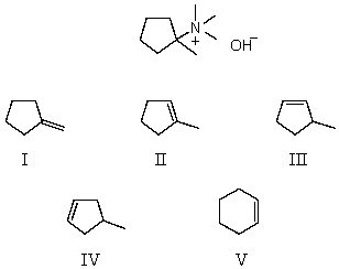What is the chief product of the Hofmann elimination reaction applied to the compound shown?   A)  I B)  II C)  III D)  IV E)  V