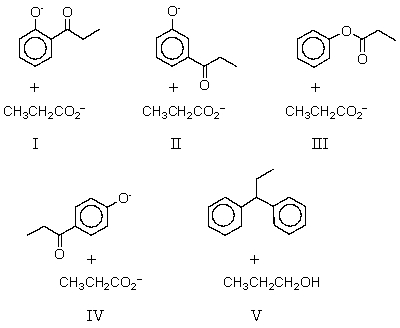 What are the products of the reaction of phenol with propanoic anhydride in the presence of base?   A)  I B)  II C)  III D)  IV E)  V