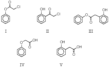 What is the product of the reaction of phenol and chloroacetic acid in basic solution,followed by acidification?   A)  I B)  II C)  III D)  IV E)  V