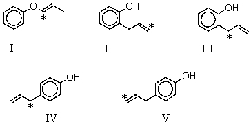 Which product is likely to be obtained during the following reaction of the isotope-labeled allyl ether (14C-isotopic site marked with an asterisk) ?     A)  I B)  II C)  III D)  IV E)  V