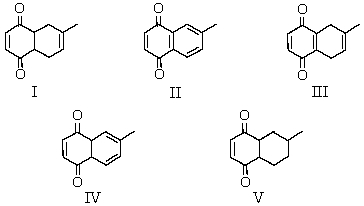 What is the product of the reaction of 1 mol of p-benzoquinone with 1 mol of isoprene (2-methyl-1,3-butadiene) ?   A)  I B)  II C)  III D)  IV E)  V