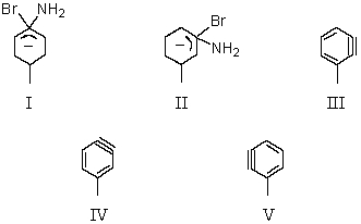  The formation of equal amounts of m-toluidine (m-aminotoluene) and p-toluidine in the reaction of p-bromotoluene with sodium amide in liquid ammonia at -33 \degree C suggests this species as the reaction intermediate:   A)  I B)  II C)  III D)  IV E)  V 