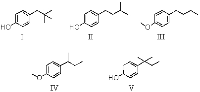 Compound L has the molecular formula C<sub>11</sub>H<sub>16</sub>O.L is insoluble in water but dissolves in aqueous NaOH.The infrared spectrum of L shows a broad absorption band in the 3200-3600 cm<sup>-1</sup> region;its <sup>1</sup>H NMR spectrum consists of: triplet, δ 0.80 (3H)  Singlet, δ1.2 (6H)  Quartet,δ 1.5 (2H)  Singlet, δ4.5 (1H)  Multiplet,δ 7.0 (4H)  The most likely structure for compound L is:   A)  I B)  II C)  III D)  IV E)  V