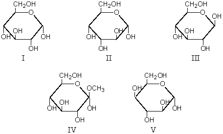 Which of these is α-D-glucopyranose?   A)  I B)  II C)  III D)  IV E)  V