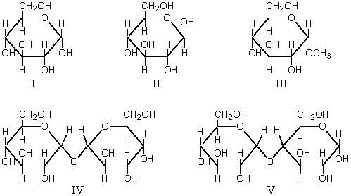 Sugars that undergo mutarotation in neutral aqueous solution are:   A)  I and III B)  III and IV C)  II,III,and IV D)  I and IV E)  I,II,and V