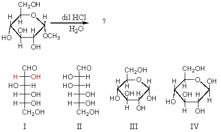 What compounds (other than methanol) would be formed in the solution if glycoside presented below was treated with dilute aqueous hydrochloric acid and the solution allowed to stand?   A)  I and II B)  I and III C)  II and III D)  I,III,and IV E)  II,III,and IV