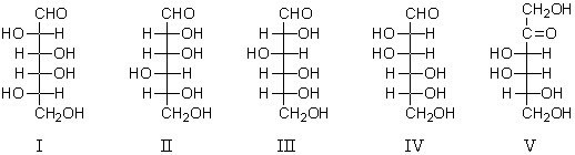 Which of these is a component of the mixture formed when D-galactose is placed in aqueous base (de Bruyn - van Ekenstein transformation) ?   A)  I B)  II C)  III D)  IV E)  V