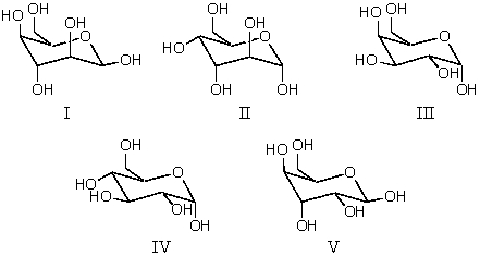 The pyranose form of an aldohexose which can react 1:2 with acetone in the presence of acid is which of these?   A)  I B)  II C)  III D)  IV E)  V