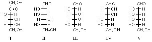 Which is an L-monosaccharide that would yield an optically active aldaric acid on oxidation by nitric acid?   A)  I B)  II C)  III D)  II and IV E)  V