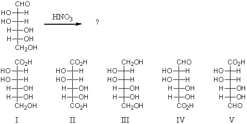 Reaction of the following substance with nitric acid would yield:   A)  I B)  II C)  III D)  IV E)  V