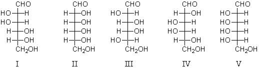 Which aldohexose would yield an optically active aldaric acid when treated with nitric acid?   A)  I B)  II C)  III D)  IV E)  V