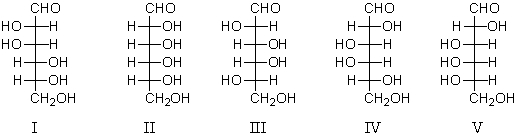 A D-aldohexose X,is subjected to a Ruff degradation.The degradation product is treated with nitric acid to yield an optically inactive aldaric acid.A possible structure for X is: A) I B) II C) III and IV D) IV E) V and II