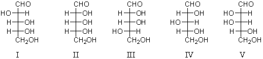 Which of the following would yield D-glucose and D-mannose when subjected to a Kiliani-Fischer synthesis?   A)  I B)  II C)  III D)  IV E)  V