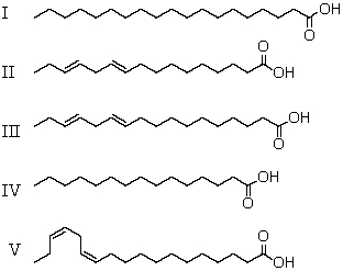 <strong>Which fatty acid is likely to occur commonly in natural sources?  </strong> A) II B) I and IV C) II and III D) II,III and IV E) V <div style=padding-top: 35px> 
