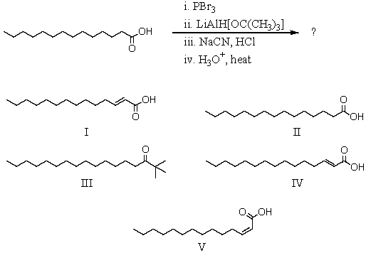 The final product of the following reaction sequence would be:,   A)  I B)  II C)  III D)  IV E)  V