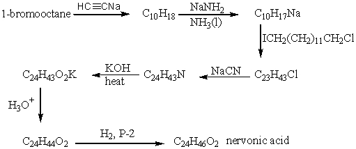 The product of the following reaction sequence is nervonic acid.What is the structure of nervonic acid?   A)    B)    C)    D)    E)   