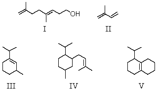 <strong>Which compound is a sesquiterpene?  </strong> A) I B) II C) III D) IV E) V <div style=padding-top: 35px> 