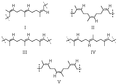 Which is the proper representation of three successive isoprene units in natural rubber?   A)  I B)  II C)  III D)  IV E)  V