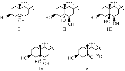 <strong>The reaction of cholesterol with dilute aqueous KMnO<sub>4</sub> at 0-5°C produces which of these compounds (A and B rings only shown)?  </strong> A) I B) II C) III D) IV E) V <div style=padding-top: 35px> 