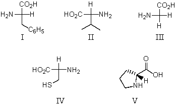 <strong>Which of these amino acids is an R amino acid?  </strong> A) II and IV B) IV and V C) I and III D) V E) All of these are R amino acids <div style=padding-top: 35px> 