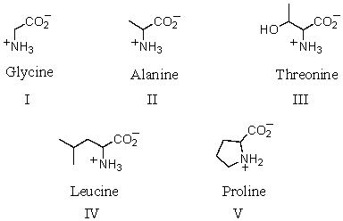 <strong>Which amino acid is achiral?  </strong> A) I B) II C) III D) IV E) V <div style=padding-top: 35px> 