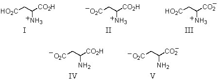 <strong>The predominant form of aspartic acid in water at pH 1 would be:  </strong> A) I B) II C) III D) IV E) V <div style=padding-top: 35px> 