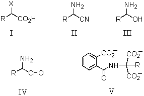 Which is an isolable intermediate in the Strecker synthesis of an amino acid?   A)  I B)  II C)  III D)  IV E)  V
