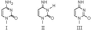 Which is the predominant tautomeric form of cytosine when it is present in DNA?   A)  I B)  II C)  III D)  None of these E)  I,II and III are present in approximately equal amounts.