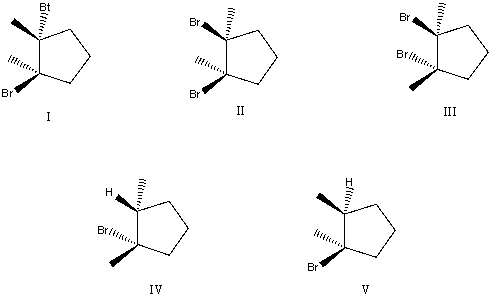 What are the major product(s) formed by treating 1,2-dimethyl cyclopentene with Br<sub>2</sub>?   A) I,II B) II,III C) IV,V D) I,III E) None of these choices.