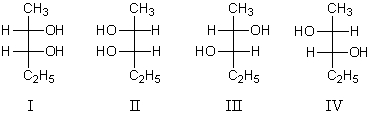 Hydroxylation of cis-2-pentene with cold alkaline KMnO<sub>4</sub> yields   A) Equal amounts of I and II. B) Equal amounts of II and III. C) Equal amounts of III and IV. D) I and II as major products,III and IV as minor products. E) All of these choices in equal amounts.