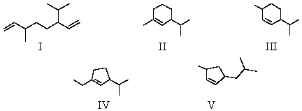 An alkene with the molecular formula C<sub>10</sub>H<sub>18</sub> <sub> </sub>is treated with ozone and then with zinc and acetic acid.The only product isolated from these reactions is:   What is the structure of the alkene?   A) I B) II C) III D) IV E) V