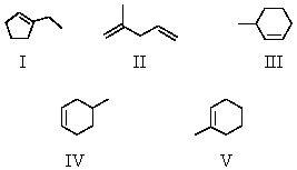 Compound C has the molecular formula C<sub>7</sub>H<sub>12.</sub>On catalytic hydrogenation,1 mol of C absorbs 1 mol of hydrogen and yields a compound with the molecular formula C<sub>7</sub>H<sub>14</sub>.On ozonolysis and subsequent treatment with zinc and acetic acid,C yields only:   The structure of C is:   A) I B) II C) III D) IV E) V