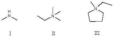 Which compound contains a nitrogen atom with a formal positive charge?   A) I B) II C) III D) More than one of these choices. E) None of these choices.