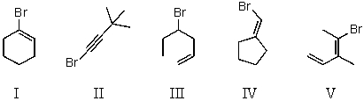 Which compound is not a constitutional isomer of the others?   A) I and II B) II C) III D) IV and V E) All of these choices are isomers of each other.