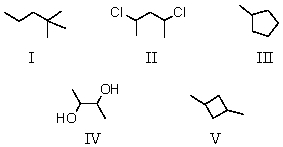 A tertiary carbon atom is present in which of these compounds?   A) I B) II,IV C) III,V D) IV E) All of these choices.