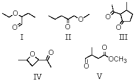 Many organic compounds contain more than one functional group.Which of the following is/are both an aldehyde and an ether?   A) I B) II,IV C) V D) I,V E) III