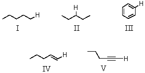 The IR absorption due to the stretching of which of these carbon-hydrogen bonds occurs at the highest frequency?   A) I B) II C) III D) IV E) V