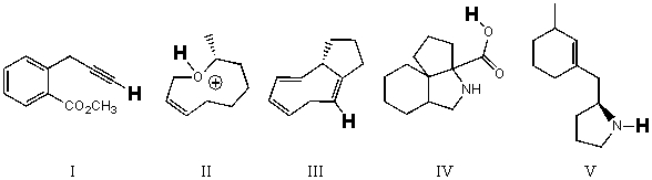 Rank the bold-faced hydrogens for the following compounds from most acidic to least acidic.   A) I > IV > II > V > III B) II > IV > I > V > III C) II > IV > V > I > III D) IV > I > II > V > III E) IV > II > I > V > III