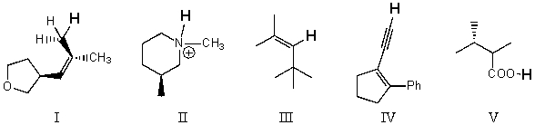 Rank the bold-faced hydrogens for the following compounds from most acidic to least acidic.   A) I > II > III > IV > V B) V > IV > II > III > I C) V > II > IV > III > I D) II > V > IV > III > I E) V > IV > III > II > I