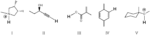 Rank the bold-faced hydrogens for the following compounds from most acidic to least acidic.   A) I > II > III > IV > V B) III > V > II > I > IV C) V > II > IV > III > I D) III > I > V > II > IV E) V > III > I > II > IV