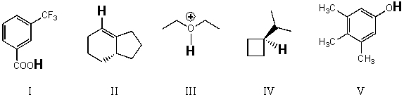 Rank the bold-faced hydrogens for the following compounds from most acidic to least acidic.   A) I > II > III > IV > V B) III > V > II > I > IV C) V > II > IV > III > I D) III > I > V > II > IV E) V > III > I > II > IV