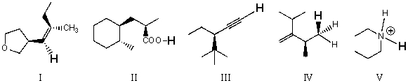Rank the bold-faced hydrogens for the following compounds from most acidic to least acidic.   A) I > II > III > IV > V B) II > V > III > I > IV C) II > III > V > I > IV D) III > I > V > II > IV E) V > II > III > I > IV