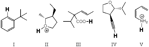 Rank the bold-faced hydrogens for the following compounds from most acidic to least acidic.   A) III > II > IV > V > I B) II > III > V > IV > I C) II > V > III > IV > I D) V > III > II > IV > I E) I > IV > II > III > V