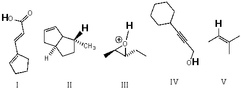 Rank the bold-faced hydrogens for the following compounds from most acidic to least acidic.   A) III > IV > I > V > II B) II > III > V > IV > I C) II > V > III > IV > I D) V > III > II > IV > I E) III > I > IV > V > II