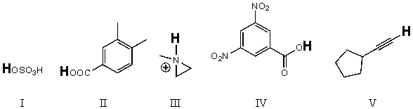 Rank the bold-faced hydrogens for the following compounds from most acidic to least acidic.   A) IV > II > III > V > I B) II > IV > I > V > III C) IV > I > III > II > V D) I > IV > II > V > III E) I > IV > II > III > V