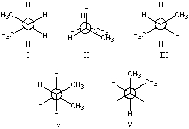 The least stable conformation of butane is:   A) I B) II C) III D) IV E) V