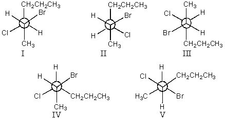 Which staggered Newman projection(s) ,looking down the C-2-C-3 bond (C-2 in front and C-3 in back) ,illustrate(s) the following boxed compound?     A) I only B) II and V C) I and II D) III only E) None of these choices.